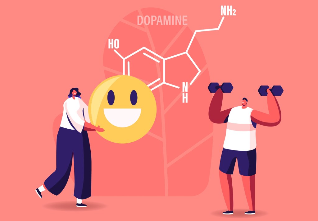 Dopamine Concept. Characters Enjoying Life due to Hormones Production in Organism. Sports Exercising, Smiling, Rejoice. Human Health, Antidepressant Treatment. Cartoon People Vector Illustration