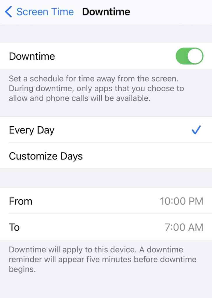 Screen time downtime setting