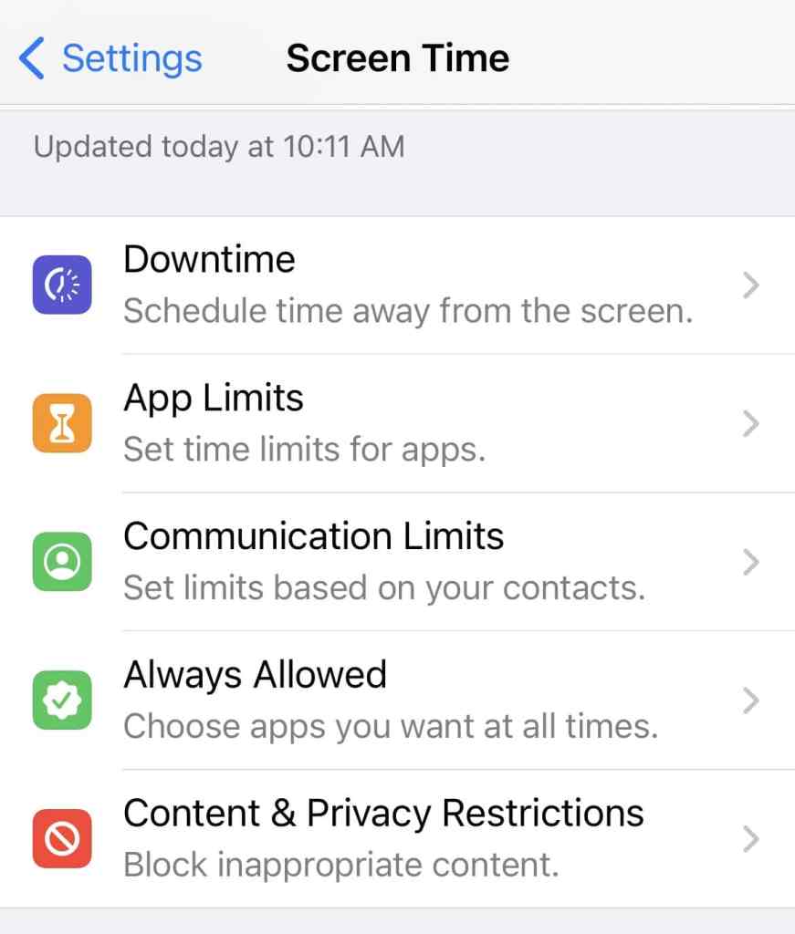 Screen time limits in settings