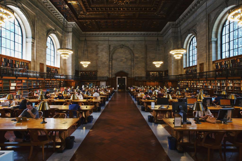 People studying on laptops in a libraryf