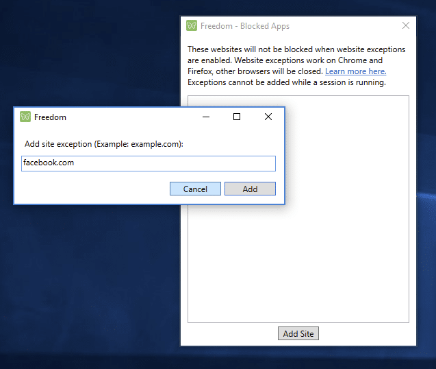To add a site to your the exceptions list, click "Add Site," enter the URL and click "Add."
