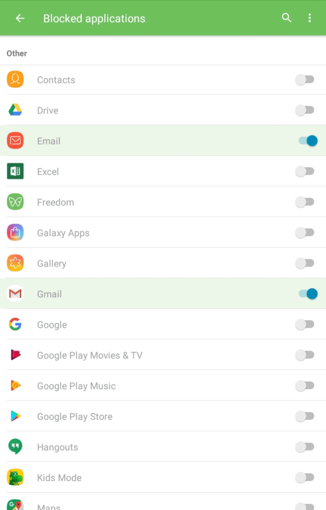 Select email apps that you want to block