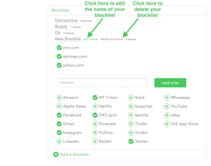 you can edit the name of your blocklist or delete blocklists as needed