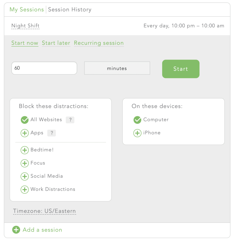 Select the type of block session and the session length. Then, select "All websites" from your blocklists and select "Start."