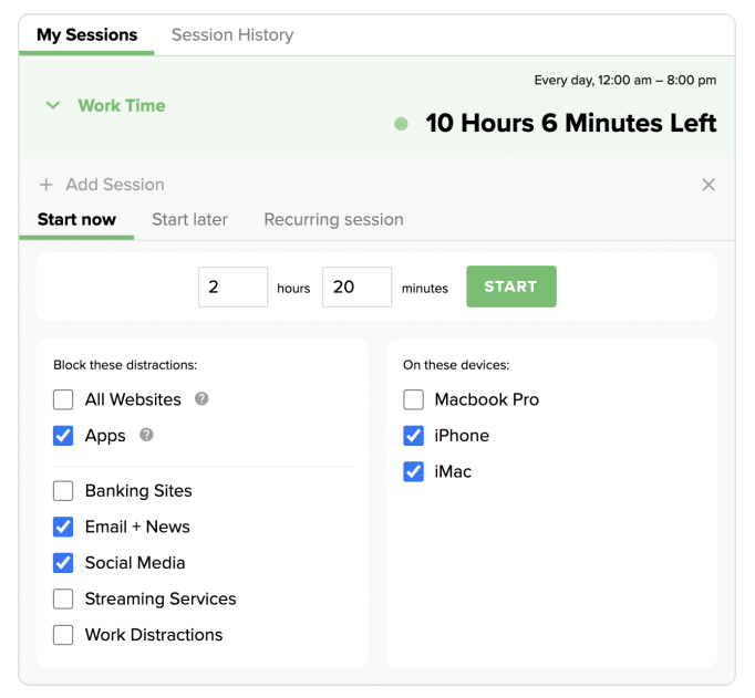 Select session type, select session length, add Apps blocklist, select your devices and start your block session