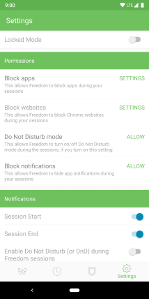 Freedom settings screen