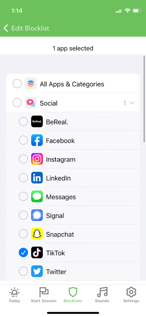 Select tiktok to block